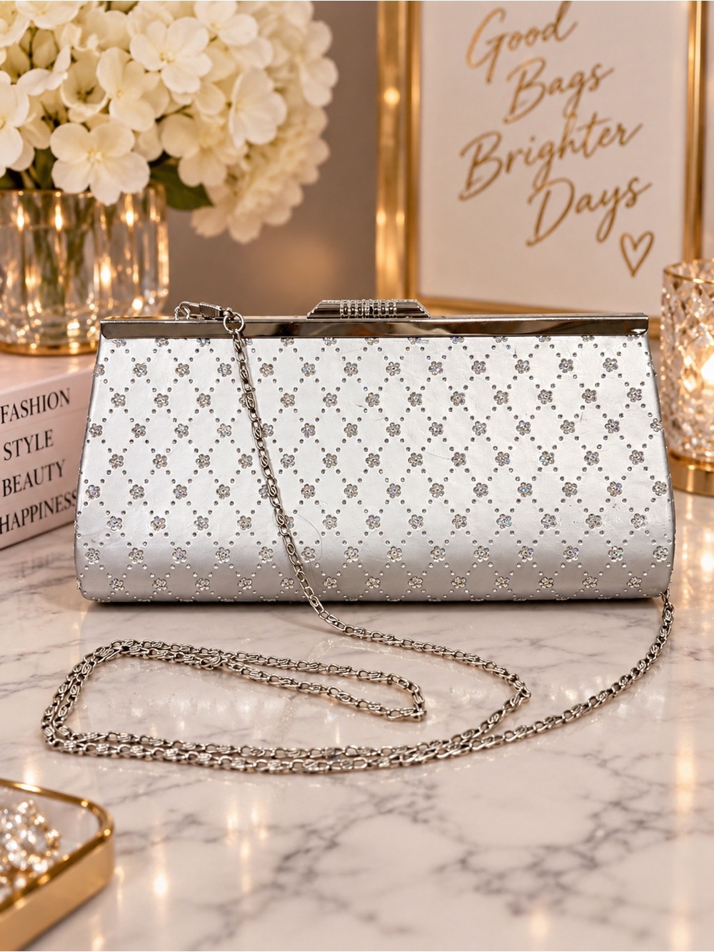 Silver Kisslock Glitter Floral Evening Clutch Purse W/ Chain Strap